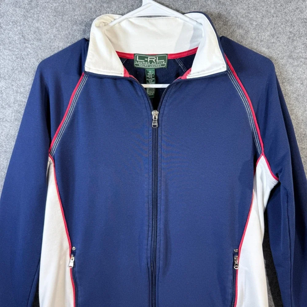 LRL Lauren Active Jacket‎ Full Zip Up Navy Blue White Red Trim Pullover